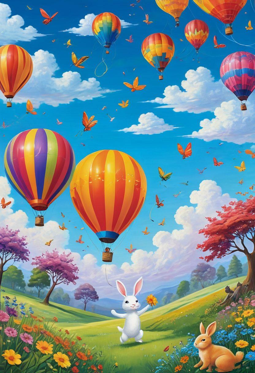 A vibrant and whimsical landscape filled with colorful flowers, cheerful suns, and smiling clouds representing elation and delight. Brightly dressed characters joyfully expressing emotions of happiness and contentment, with playful animals frolicking around. Include whimsical elements like balloons and musical notes floating in the air to enhance the feeling of joy. super-realistic. vibrant colors. playful style.