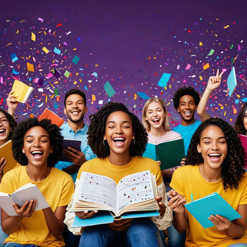 A vibrant collage of diverse language resources such as books, notebooks, and digital tablets, surrounded by colorful bursts of joy like confetti and smiling emojis. Include a diverse group of people joyfully sharing their emotions through written words and spoken expressions. Soft, warm lighting to evoke a sense of happiness and positivity. lively style. vibrant colors. 3D.
