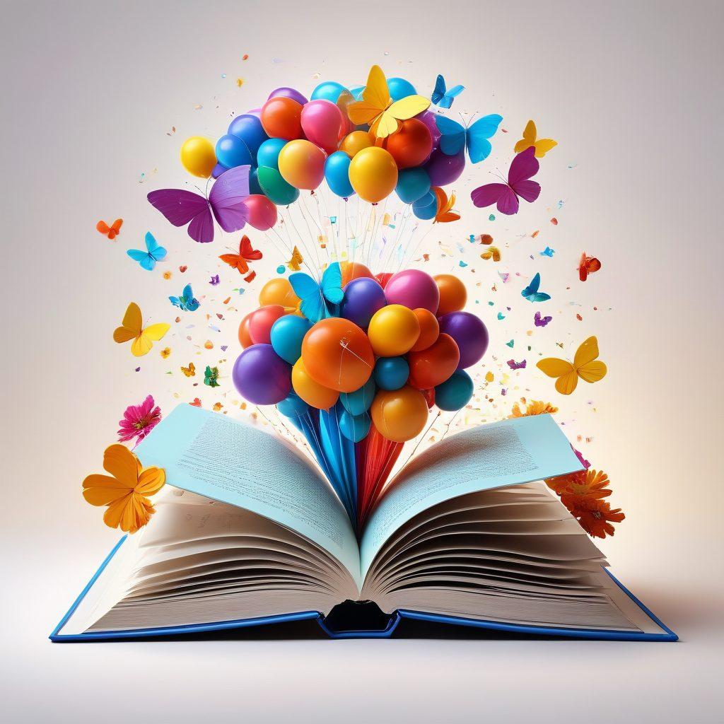 A colorful open book with radiant words like 'joy', 'love', and 'happiness' visually bursting from its pages. Surrounding the book, cheerful characters express positive emotions through vibrant gestures. A soft, uplifting background filled with bright skies and blooming flowers enhances the scene. Add whimsical elements like floating balloons and butterflies to symbolize lightness and joy. super-realistic. vibrant colors. 3D.